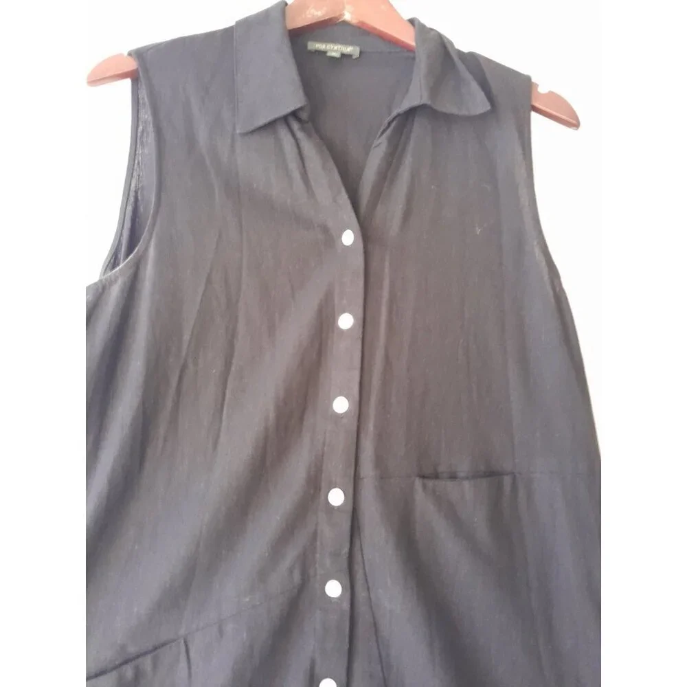 Womens Asymmetrical Linen Blend Minimalist Casual Shirt Dress Pockets Medium Blk